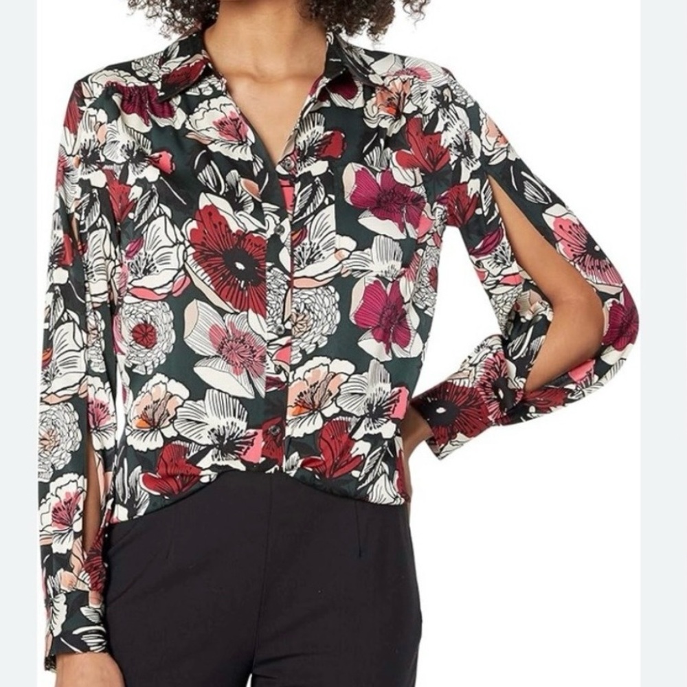 Trina Turk Acacia Melrose Botanical Slit-sleeve Button Down Silk Blouse Size M